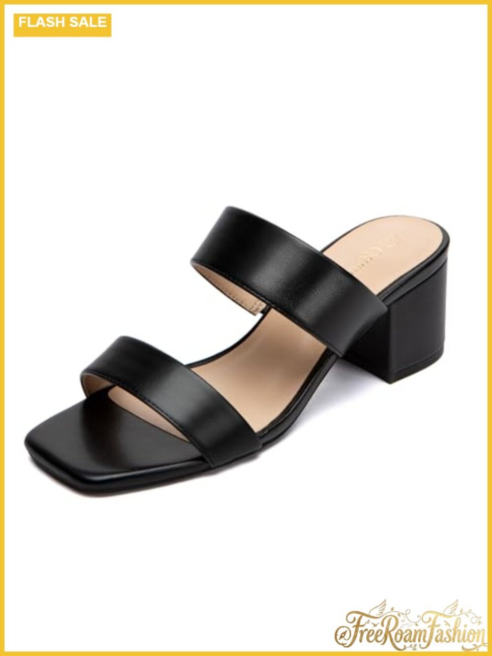 Women's Two Strap Heeled Sandals Square Open Toe 2 Inch Low Chunky Block Heels